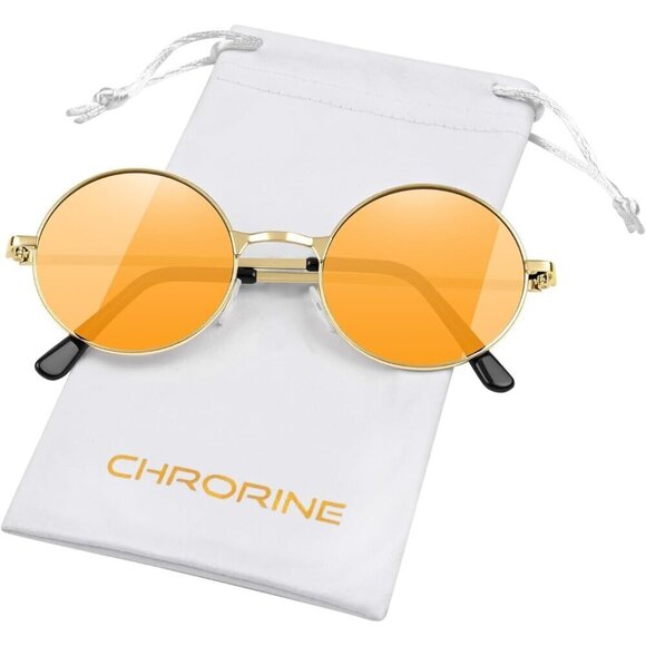 Accessories - Chrorine Women's Gold Frame Orange Lens Hippie Round 70s Retro Sun Glasses